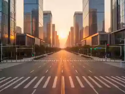 Eine moderne, leere Straßenkreuzung in Guangzhou während der goldenen Stunde mit zeitgenössischen Glasgebäuden im Hintergrund. - Foto: über boerse-global.de