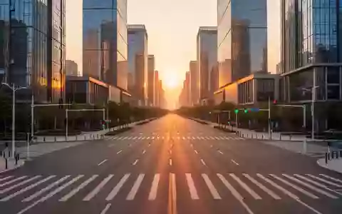 Eine moderne, leere Straßenkreuzung in Guangzhou während der goldenen Stunde mit zeitgenössischen Glasgebäuden im Hintergrund. - Foto: über boerse-global.de