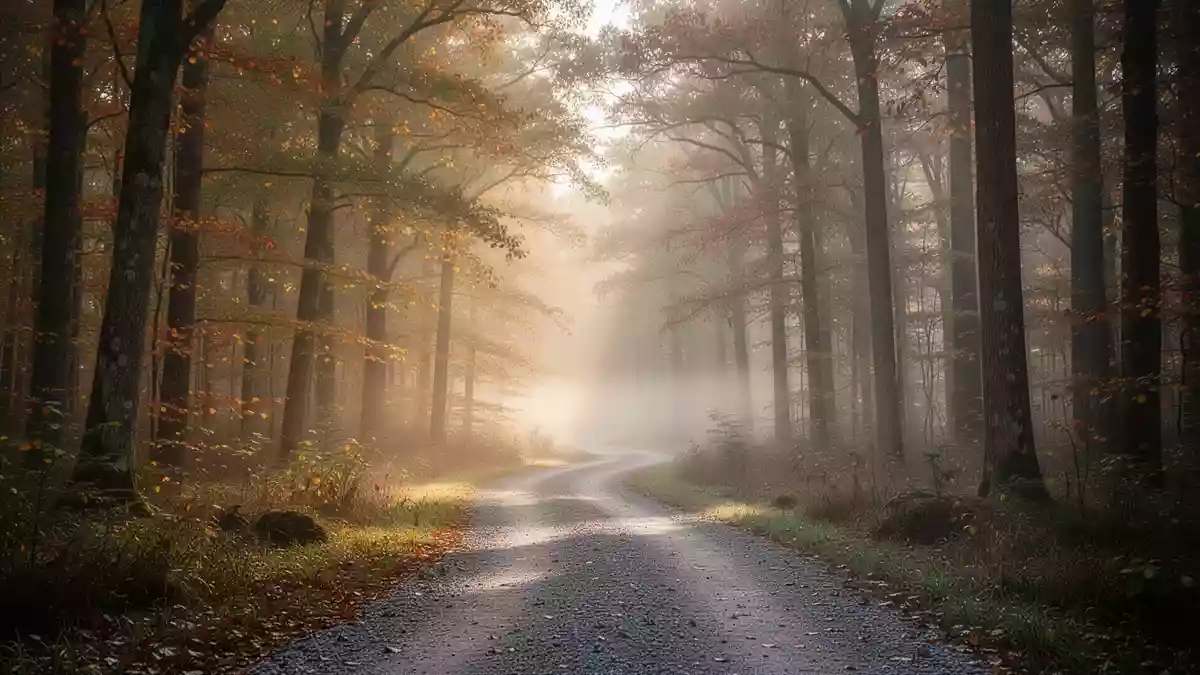 Ein ruhiger, von der Morgensonne durchfluteter Waldweg im Herbst, der zu ausgedehnten Spaziergängen einlädt. Illustration mit AI erstellt.