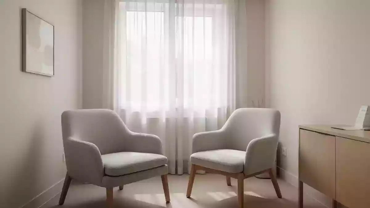 Ein ruhiger, sonnendurchfluteter Behandlungsraum mit einem leeren Sessel vor einem Fenster, der eine entspannte Atmosphäre vermittelt. Illustration mit AI erstellt.