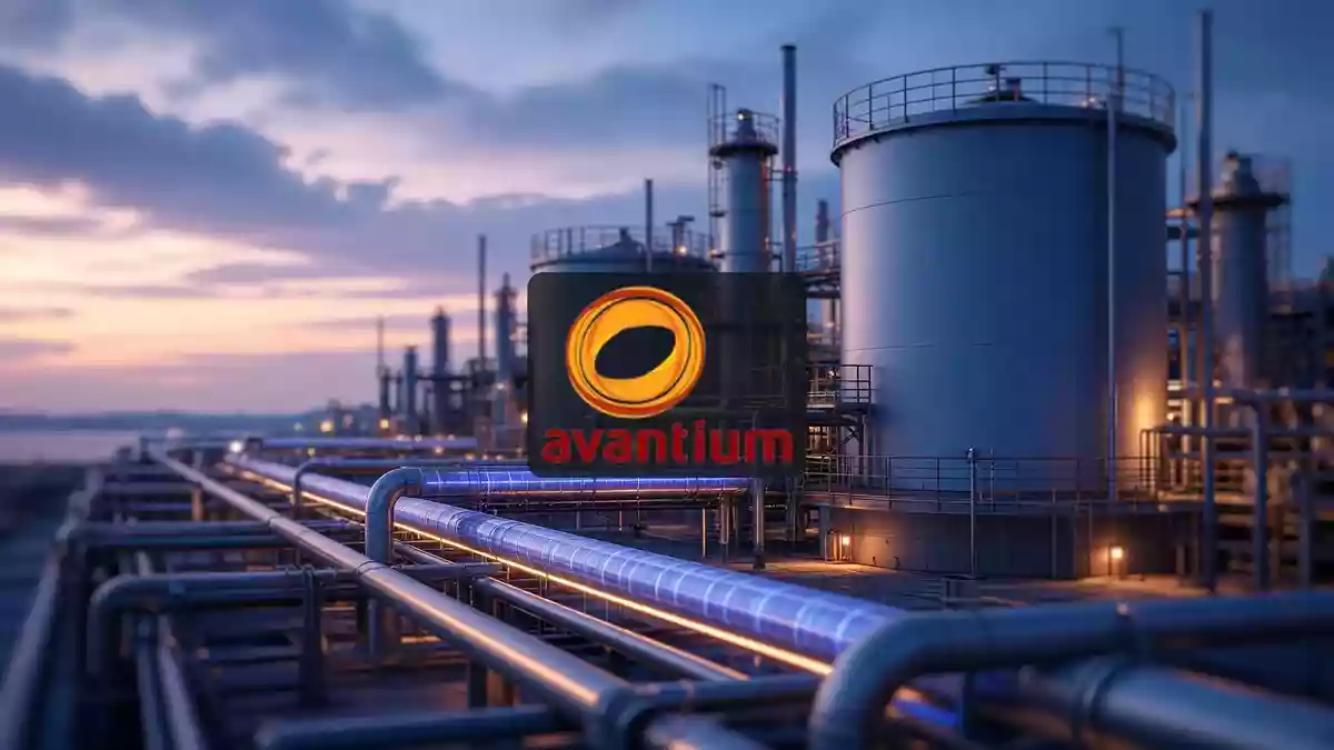 Moderne Chemieanlage in der Abenddämmerung mit atmosphärischer Beleuchtung als Symbol für die industrielle Entwicklung. Illustration mit AI erstellt.