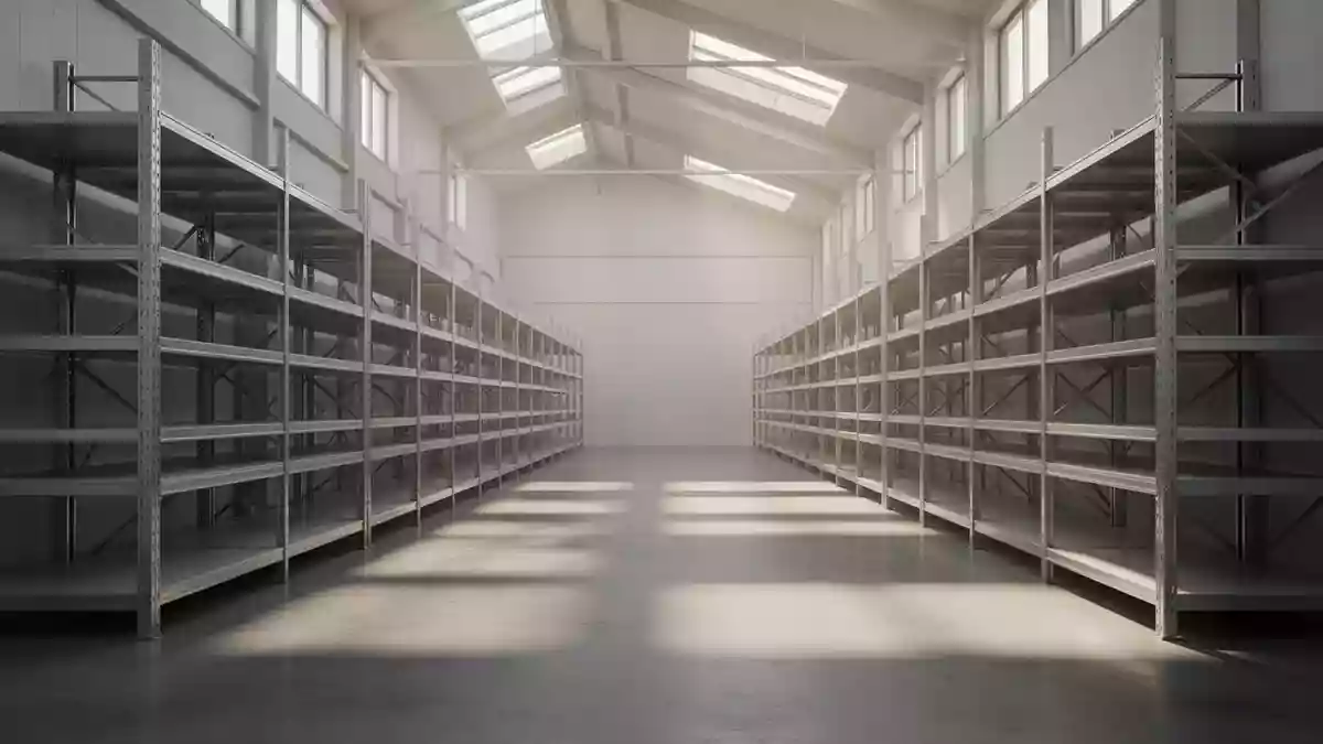Ein minimalistisches, leeres Logistikzentrum mit langen Regalreihen und einfallendem Tageslicht auf einem Betonboden. Illustration mit AI erstellt.
