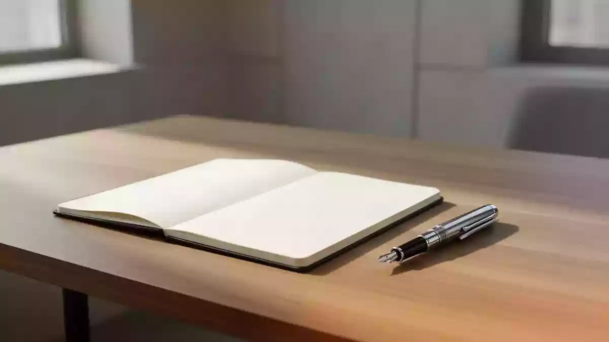 Ein minimalistischer, moderner Arbeitsplatz mit einem leeren Notizbuch und einem Füllfederhalter bei natürlichem Licht. Illustration mit AI erstellt.