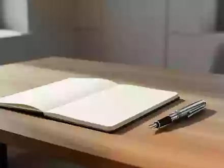 Ein minimalistischer, moderner Arbeitsplatz mit einem leeren Notizbuch und einem Füllfederhalter bei natürlichem Licht. - Foto: über boerse-global.de