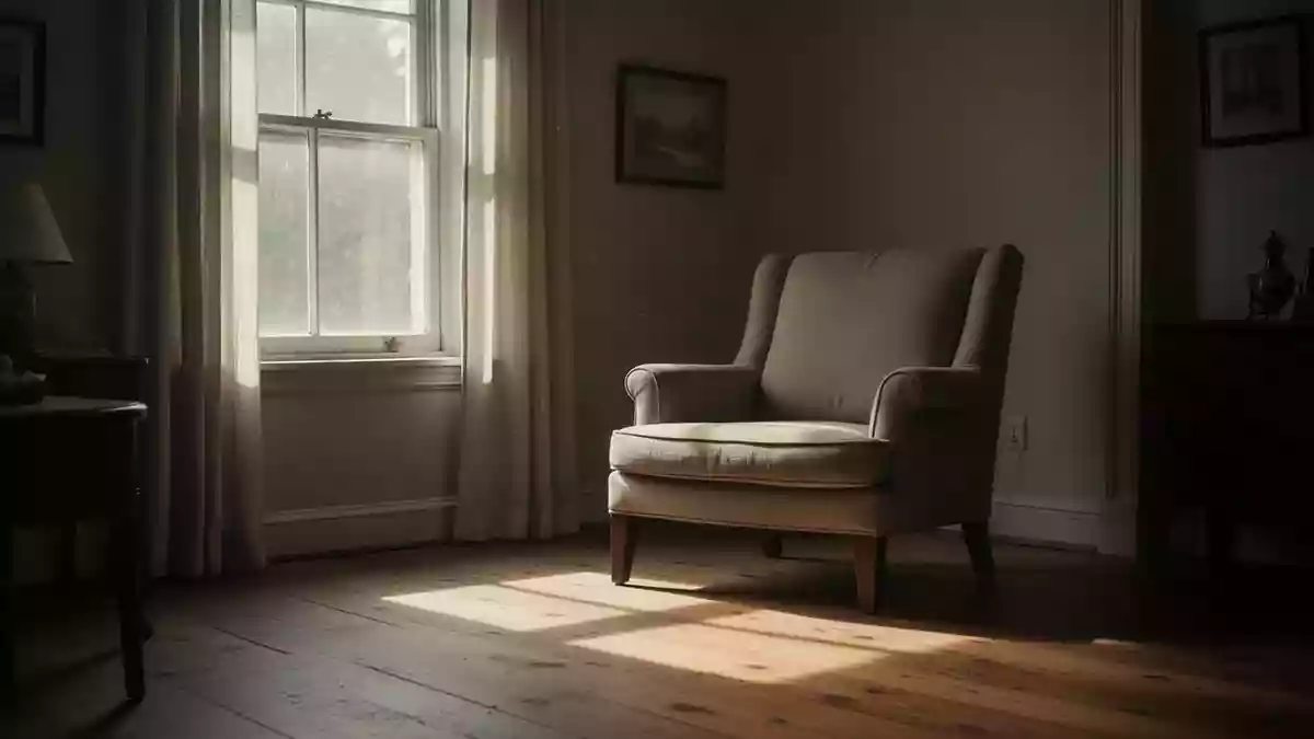 Ein leerer Sessel in einem sonnendurchfluteten Raum symbolisiert die stille Atmosphäre und die Herausforderungen der Pflege. Illustration mit AI erstellt.