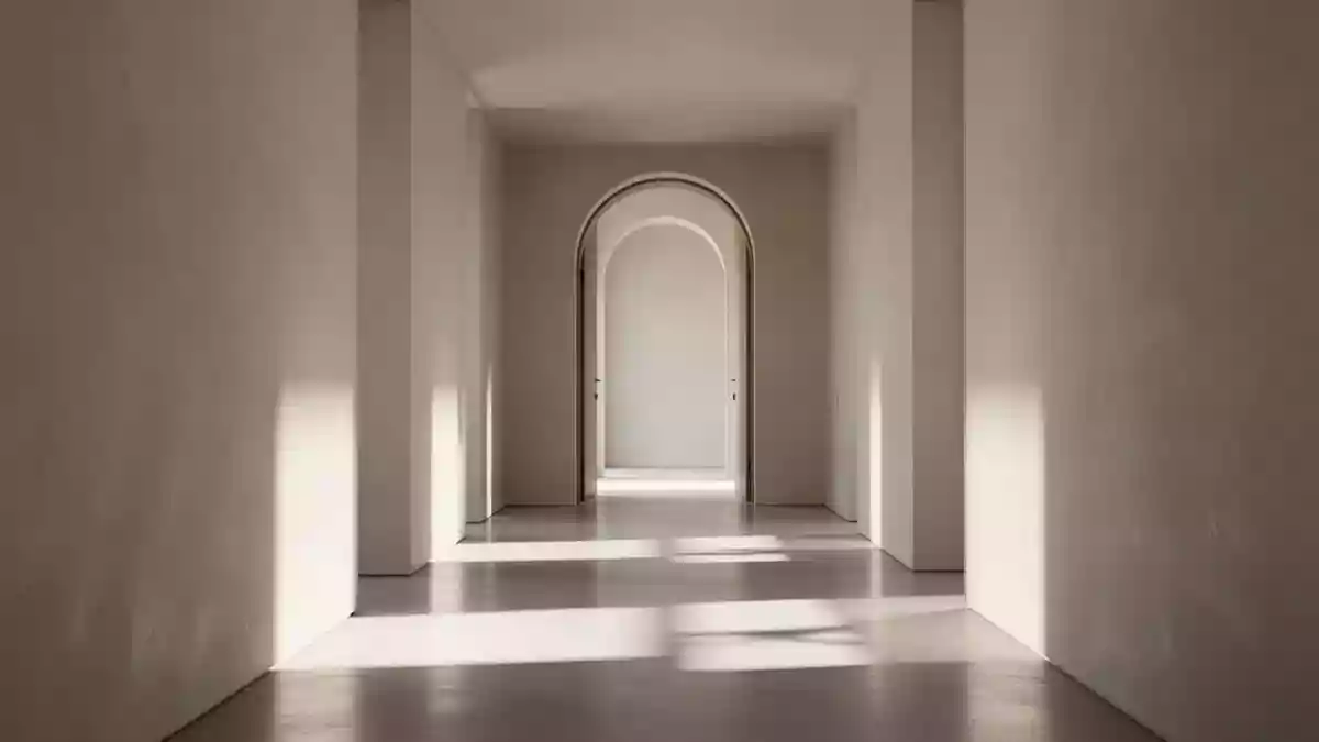 Ein heller, minimalistischer Flur mit geometrischen Schattenwürfen, der eine architektonische Struktur zur Gedächtnisstütze darstellt. Illustration mit AI erstellt.