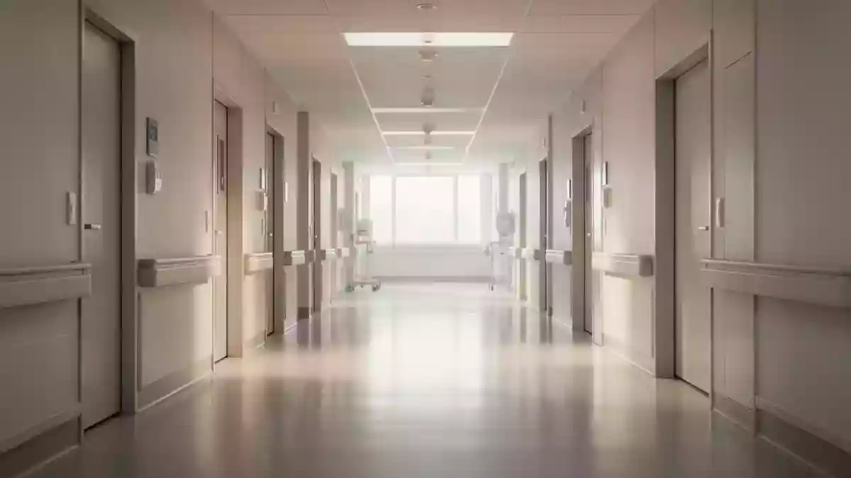 Ein heller, minimalistischer Krankenhausflur mit reflektierenden Böden und sanftem Tageslicht. Illustration mit AI erstellt.