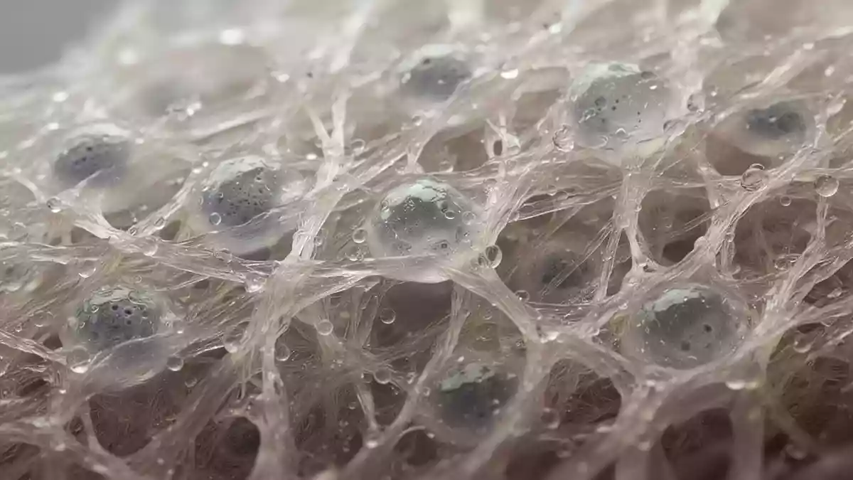 Mikroskopische Nahaufnahme von gesundem Knorpelgewebe mit kollagenen Fasern und Chondrozyten in einer hydratisierten Matrix. Illustration mit AI erstellt.