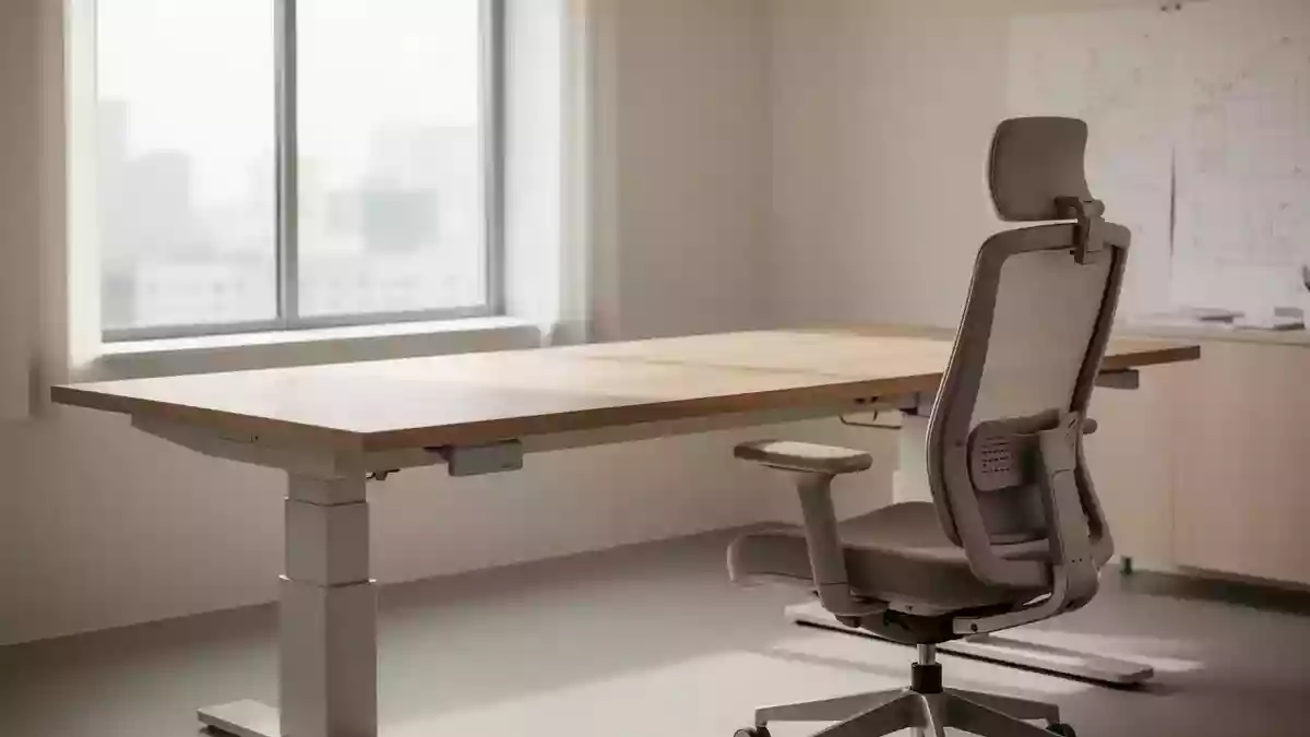 Ein minimalistisch gestalteter, ergonomischer Arbeitsplatz mit einem höhenverstellbaren Schreibtisch und einem Bürostuhl. Illustration mit AI erstellt.