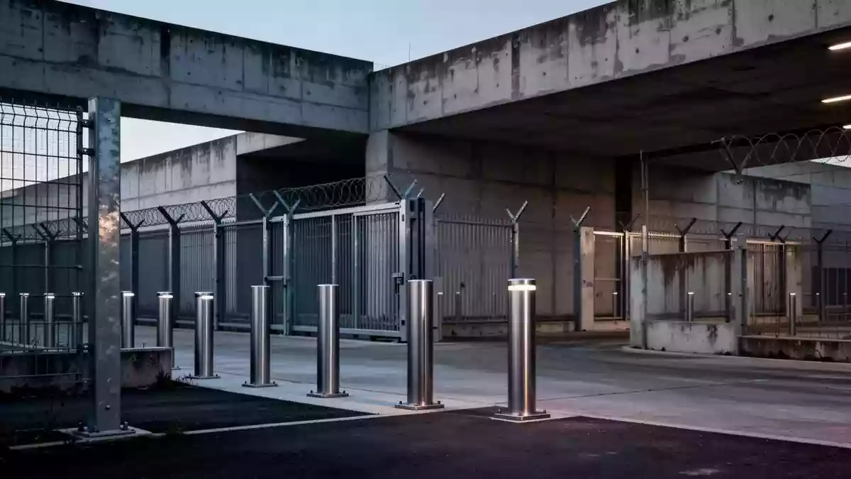 Eine moderne, gesicherte Industrieanlage mit massiven Stahlpollern und einem Sicherheitszaun bei Dämmerung. Illustration mit AI erstellt.