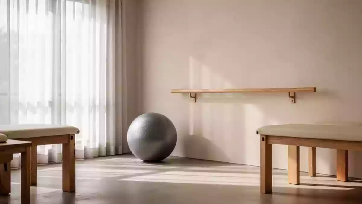 Ein heller, minimalistischer Therapieraum mit hölzernen Übungsgeräten in einer ruhigen, professionellen Umgebung. Illustration mit AI erstellt.