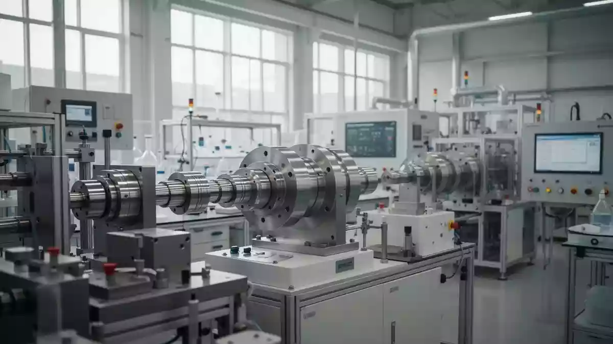 Moderne Industrieanlage für die Produktion von Magnetlegierungen in einer hellen Werkshalle. Illustration mit AI erstellt.