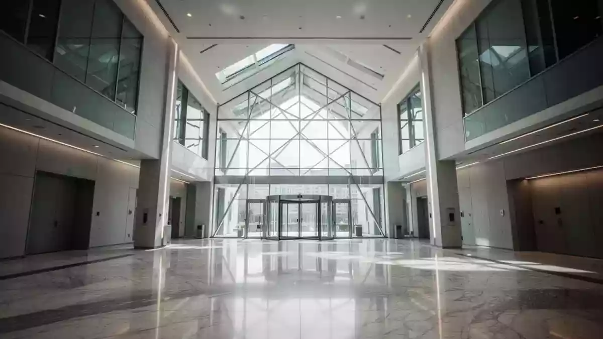 Innenansicht eines modernen, minimalistischen Bankgebäudes mit reflektierenden Marmorböden und architektonischen Glasflächen. Illustration mit AI erstellt.