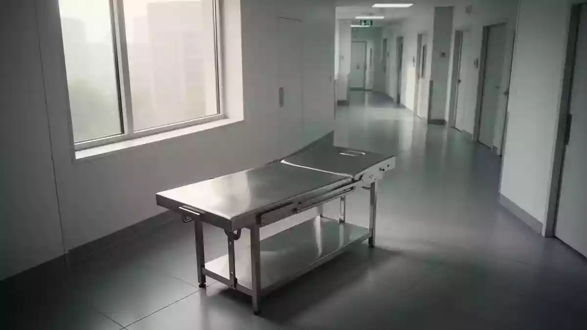 Ein heller, minimalistischer Behandlungsraum in einer Klinik mit einer leeren Untersuchungsliege bei natürlichem Tageslicht. Illustration mit AI erstellt.
