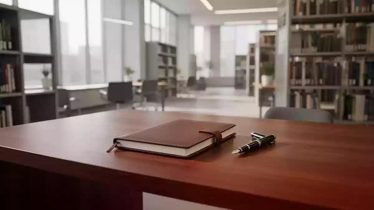 Ein minimalistischer Schreibtisch aus Mahagoniholz mit einem leeren Notizbuch und einem Füllfederhalter in einer ruhigen Bibliothek. Illustration mit AI erstellt.