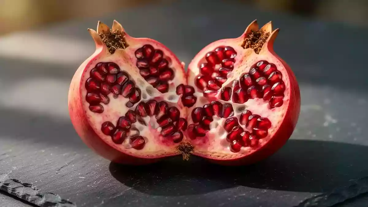 Eine aufgeschnittene Granatapfelfrucht mit leuchtend roten Kernen auf einem dunklen Steinuntergrund. Illustration mit AI erstellt.