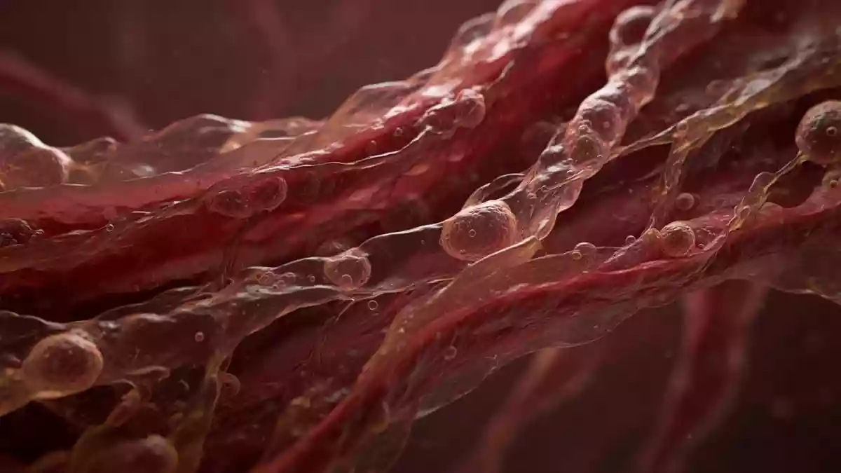 Mikroskopische Aufnahme einer menschlichen Gefäßwandstruktur, die biologische Entzündungsprozesse symbolisiert. Illustration mit AI erstellt.