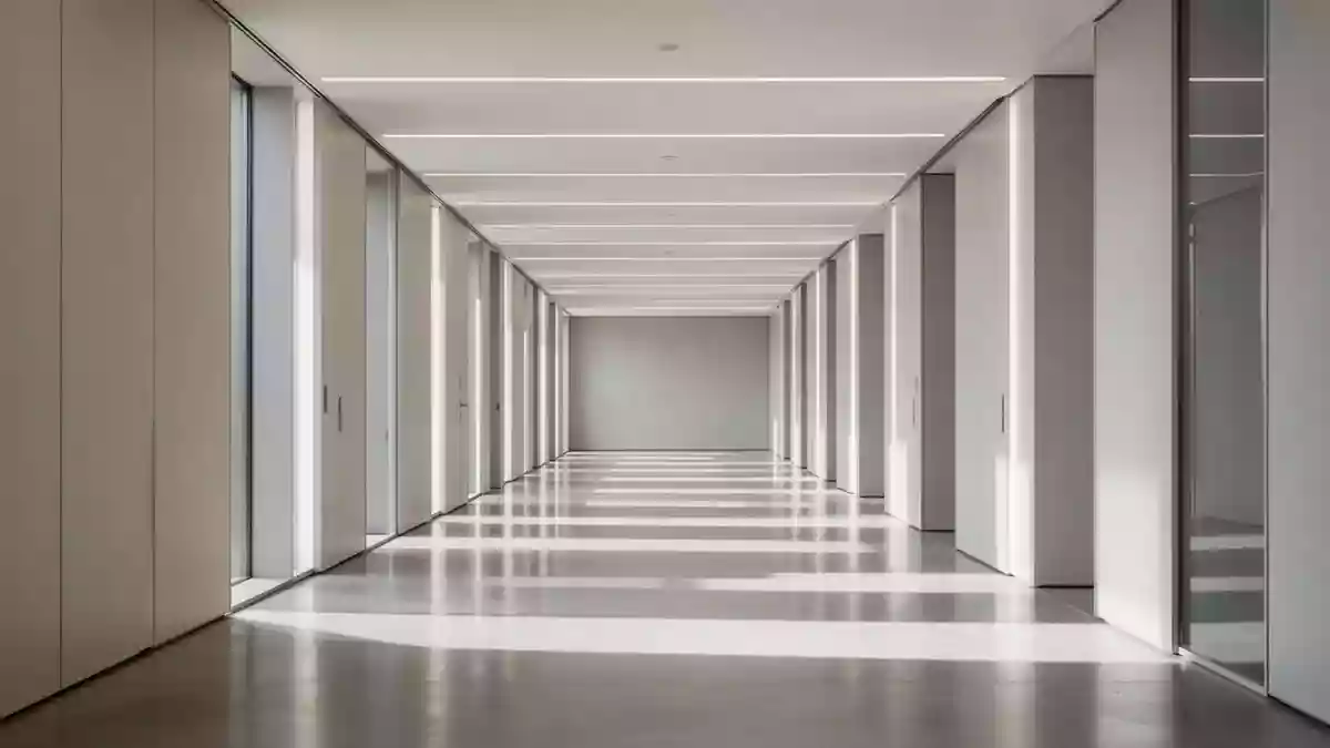 Ein minimalistischer, heller Flur mit klaren Linien und rhythmischem Lichteinfall, der Struktur und Ordnung symbolisiert. Illustration mit AI erstellt.