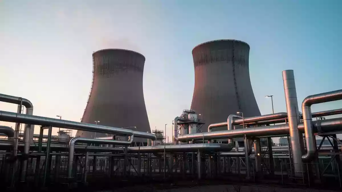 Moderne Industrieanlage mit großen Kühltürmen und Metallrohren bei Sonnenaufgang. Illustration mit AI erstellt.