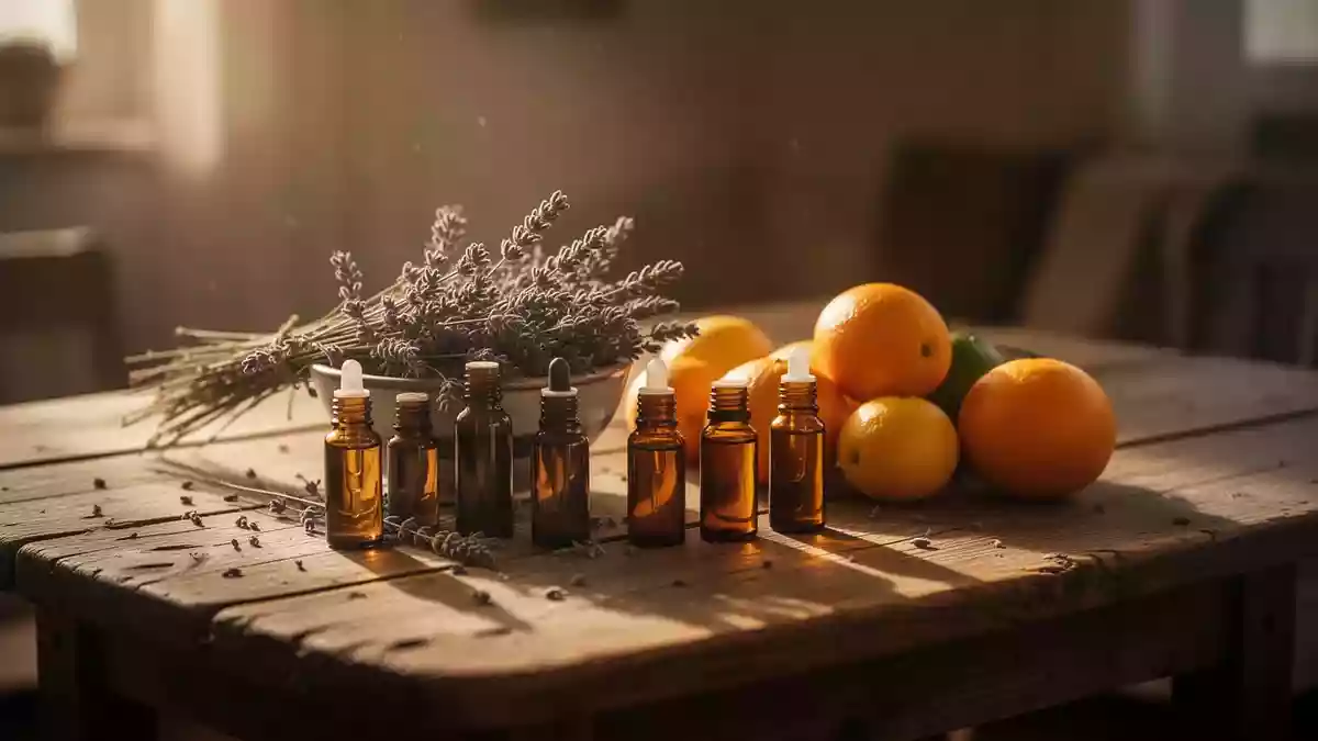 Amberfarbene Glasflaschen mit ätherischen Ölen und getrocknete Lavendelzweige auf einem Holztisch im sanften Herbstlicht. Illustration mit AI erstellt.