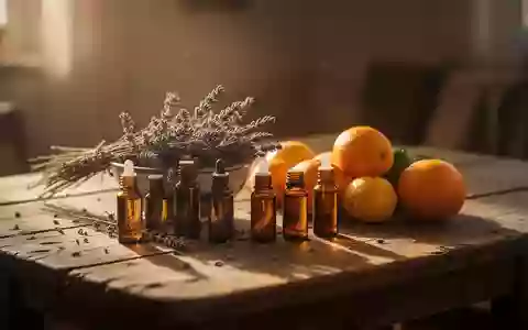 Amberfarbene Glasflaschen mit ätherischen Ölen und getrocknete Lavendelzweige auf einem Holztisch im sanften Herbstlicht. - Foto: über boerse-global.de