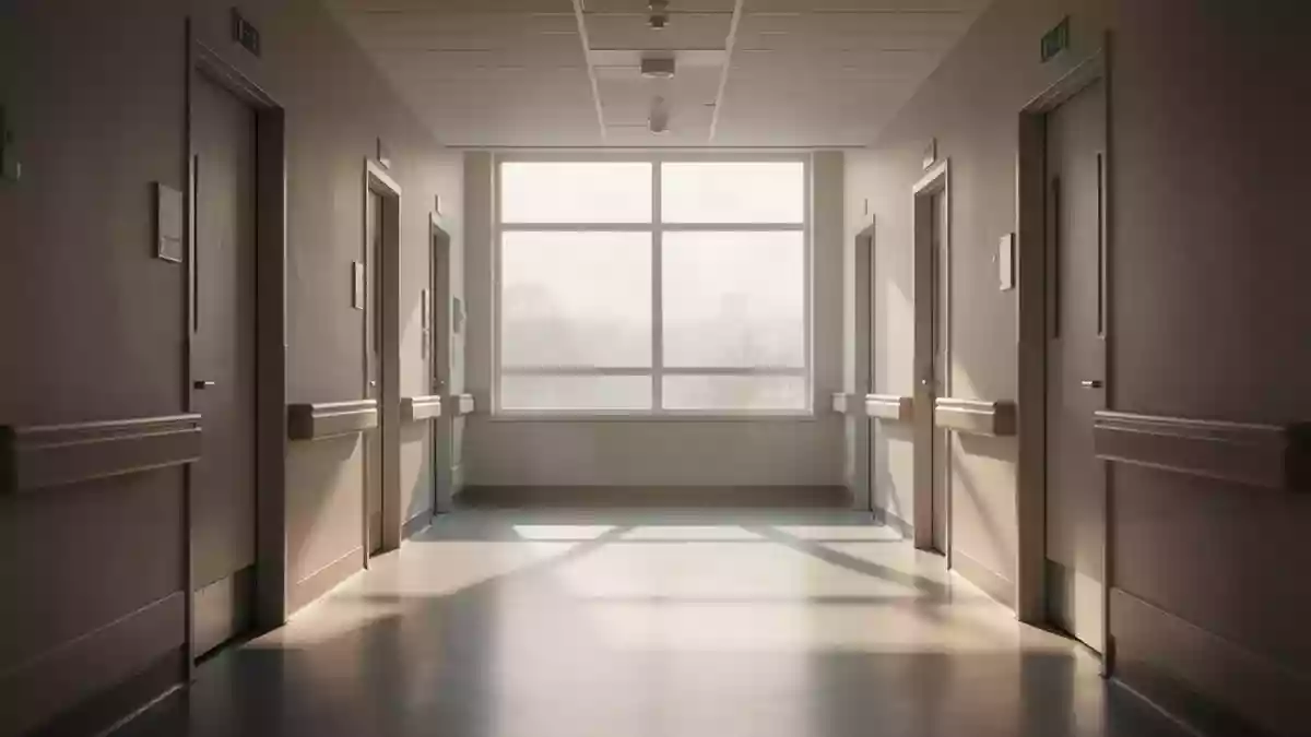 Ein heller, minimalistischer Krankenhausflur mit einfallendem Tageslicht und klaren architektonischen Linien. Illustration mit AI erstellt.