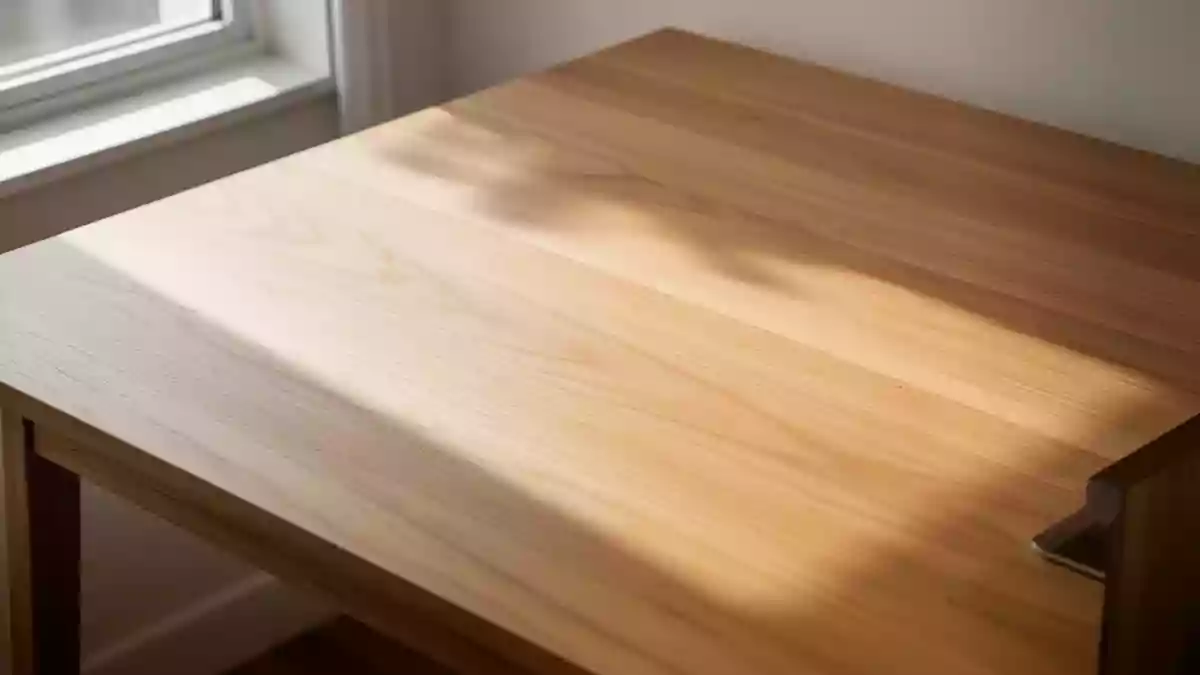 Ein minimalistischer, leerer Schreibtisch aus Holz in einem sonnendurchfluteten Arbeitszimmer mit weichen Schatten. Illustration mit AI erstellt.