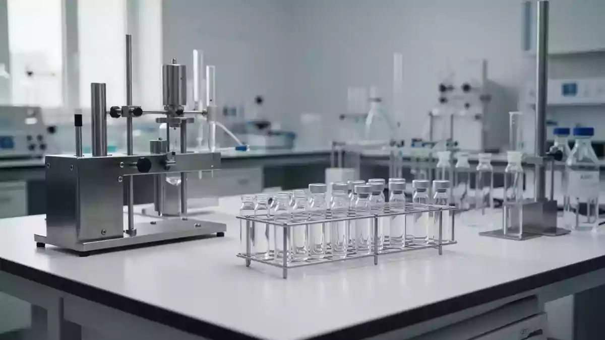 Moderne Laborumgebung mit medizinischen Glasphiolen auf einer sterilen Arbeitsfläche. Illustration mit AI erstellt.