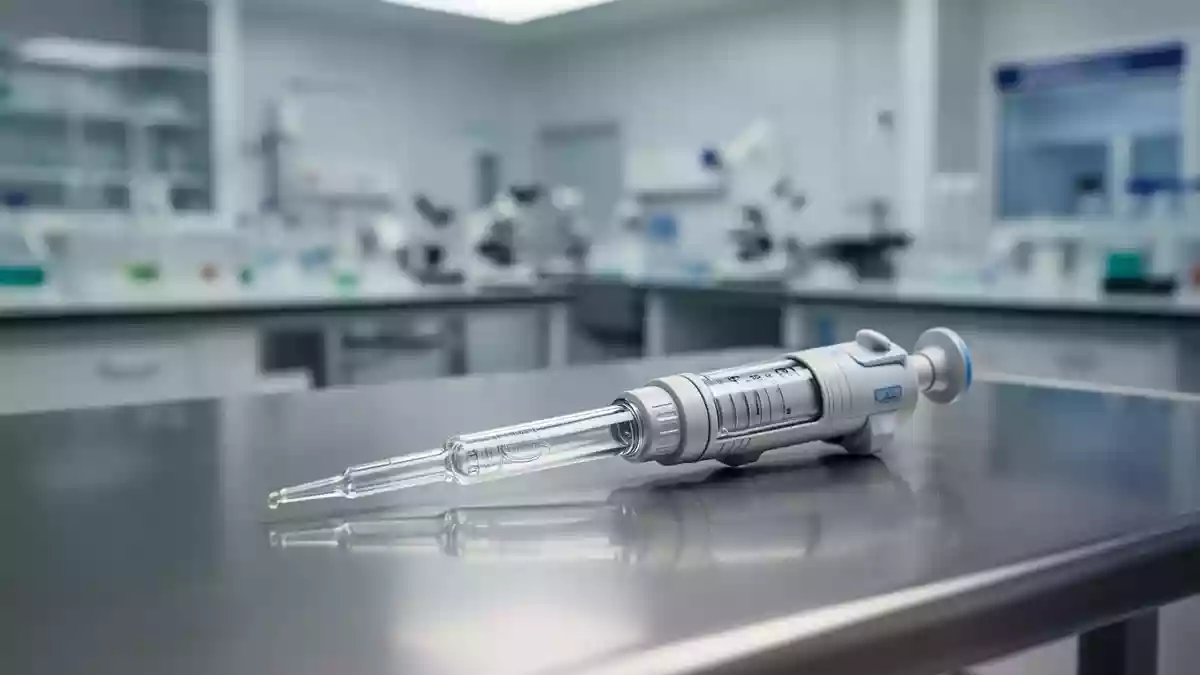 Eine hochauflösende Nahaufnahme einer wissenschaftlichen Mikropipette auf einer sterilen Laboroberfläche. Illustration mit AI erstellt.