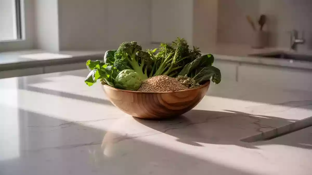 Eine Schale mit frischem Gemüse und Vollkornprodukten in einer hellen, minimalistischen Küche bei natürlichem Tageslicht. Illustration mit AI erstellt.