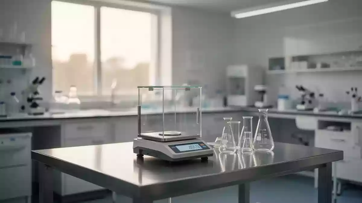 Ein minimalistisches, helles Labor mit einer präzisen Laborwaage und leeren Glasbechern auf einem Edelstahltisch. Illustration mit AI erstellt.