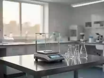 Ein minimalistisches, helles Labor mit einer präzisen Laborwaage und leeren Glasbechern auf einem Edelstahltisch. - Foto: über boerse-global.de