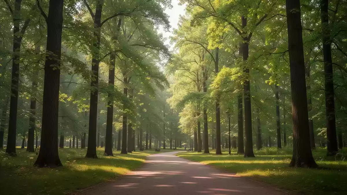 Ein sonnendurchfluteter Waldweg in einem Park, der für einen gesunden Lebensstil und Prävention steht. Illustration mit AI erstellt.