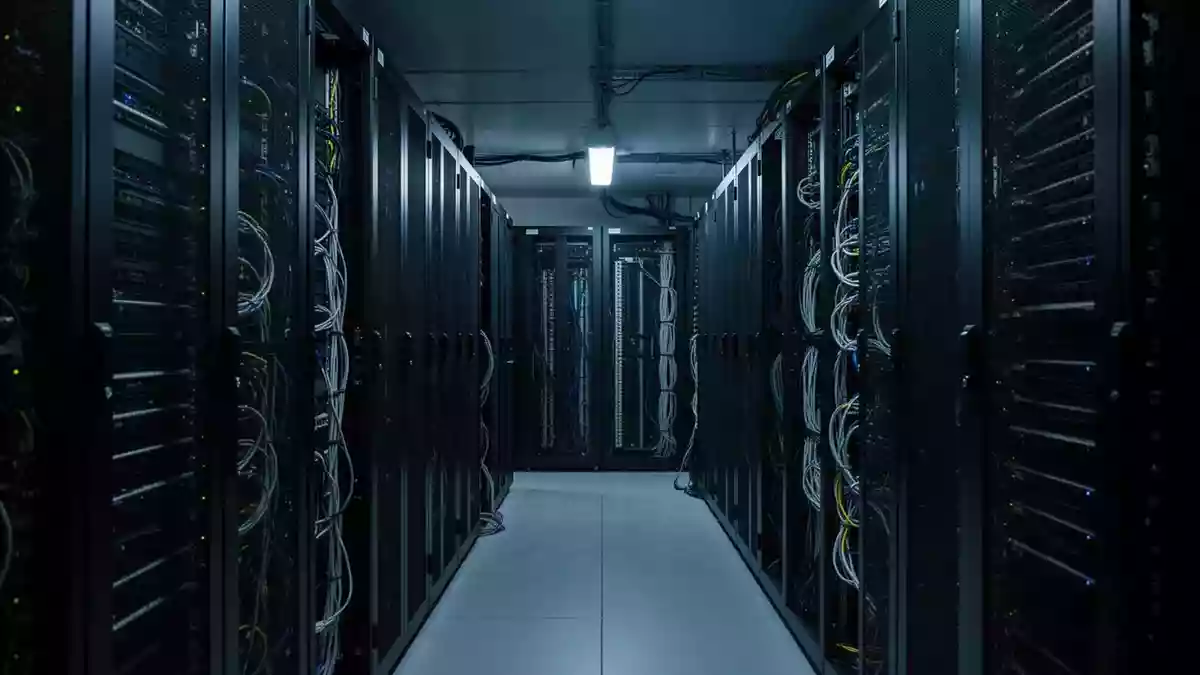Ein minimalistisch beleuchteter Serverraum mit Industrieregalen und komplexen Kabelstrukturen in kühler Lichtstimmung. Illustration mit AI erstellt.