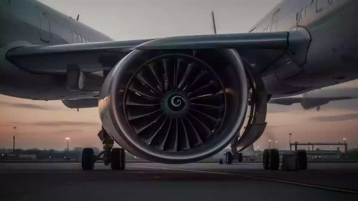 Ein kommerzielles Flugzeugtriebwerk auf dem Rollfeld bei Dämmerung, symbolisch für die Luftfahrtindustrie. Illustration mit AI erstellt.