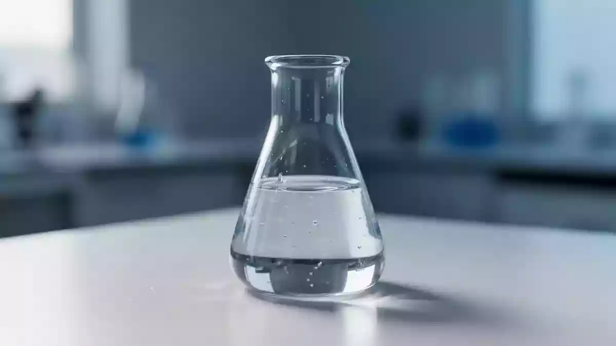 Ein gläsernes Laborgefäß mit einer klaren Flüssigkeit in einer sterilen, klinischen Umgebung. Illustration mit AI erstellt.