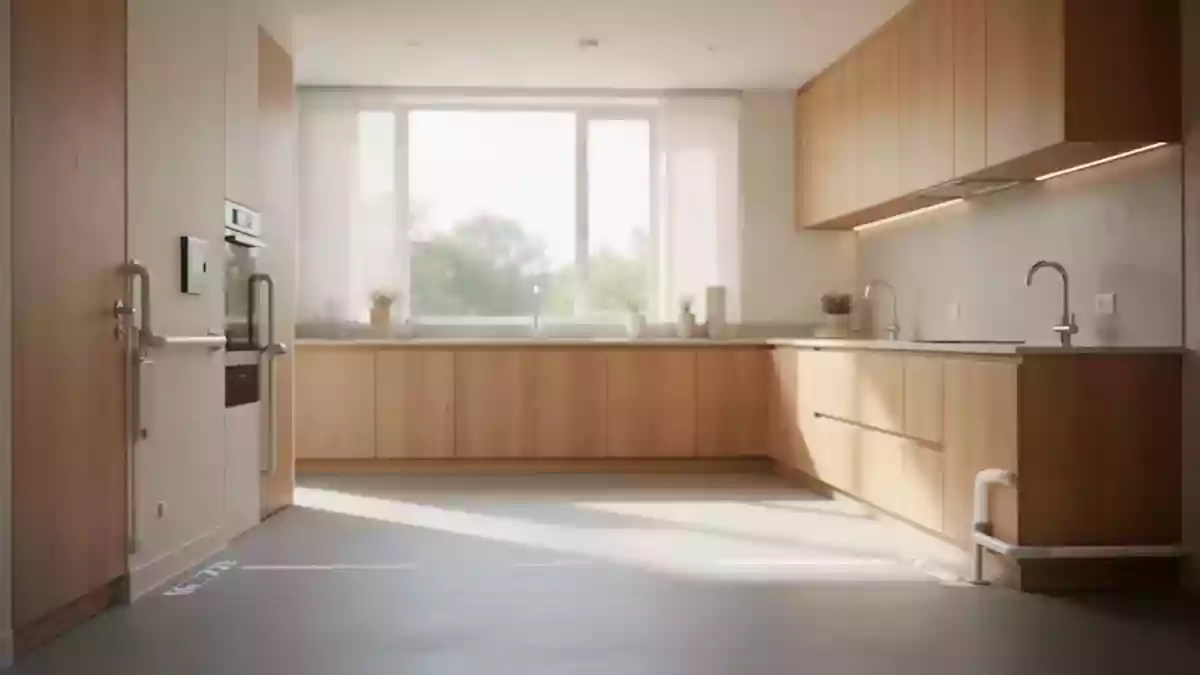 Eine helle, barrierefreie Wohnküche mit großzügiger Bewegungsfläche und moderner, minimalistischer Einrichtung. Illustration mit AI erstellt.