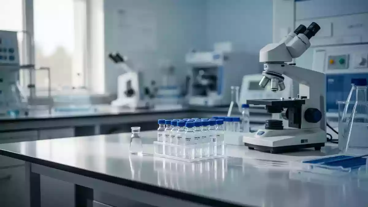 Ein steriler Laborarbeitsplatz mit medizinischen Analysegeräten und Glasphiolen in einem hellen, professionellen Umfeld. Illustration mit AI erstellt.