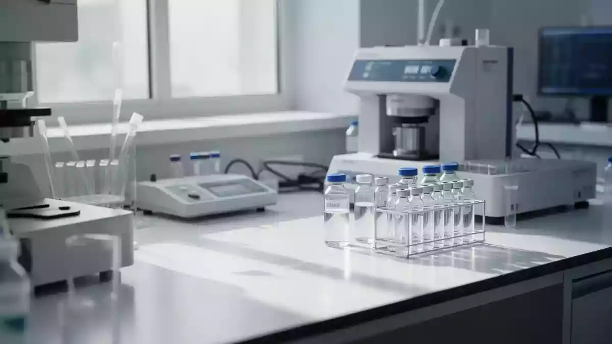 Ein steriler Labortisch mit medizinischen Analysegeräten und Glasphiolen in einem hellen, professionellen Forschungsumfeld. Illustration mit AI erstellt.