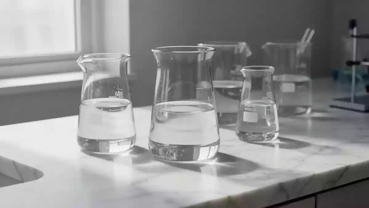 Laborumgebung mit Glasbechern auf einer weißen Oberfläche bei natürlichem Licht. Illustration mit AI erstellt.