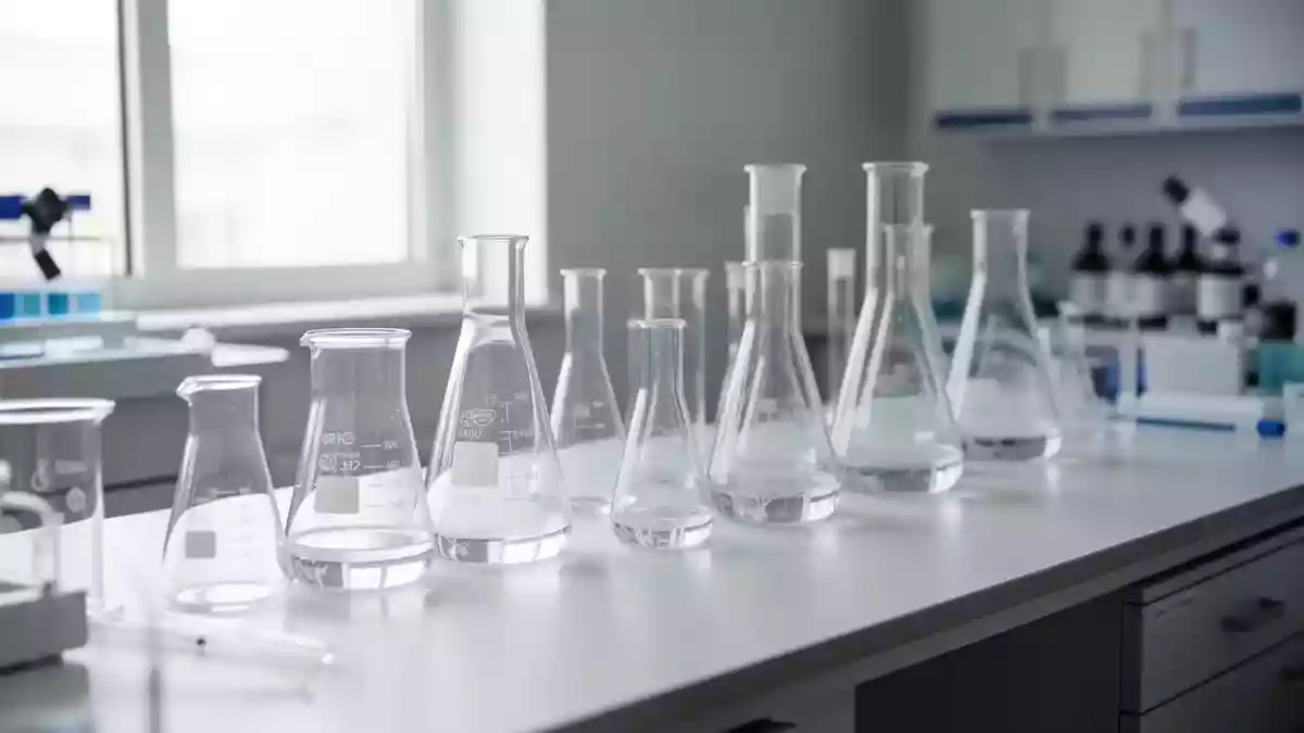 Laborumgebung mit Glasgefäßen auf einem sterilen Labortisch bei natürlichem Licht. Illustration mit AI erstellt.