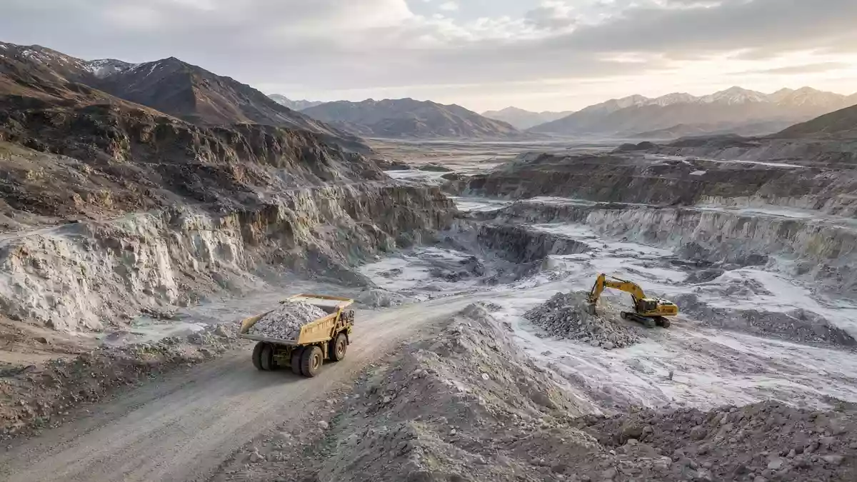 Ein modernes Lithium-Bergwerk in einer weitläufigen Landschaft bei Tageslicht. Illustration mit AI erstellt.
