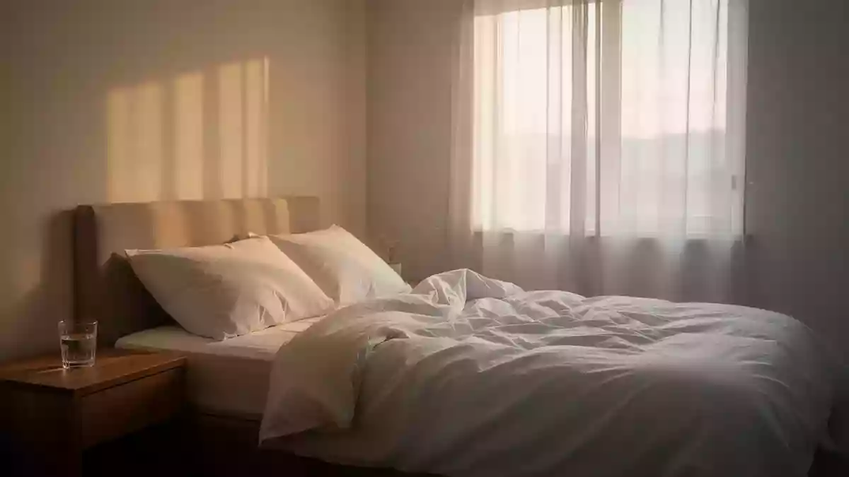 Ein minimalistisch eingerichtetes Schlafzimmer in den frühen Morgenstunden mit sanftem Tageslicht. Illustration mit AI erstellt.