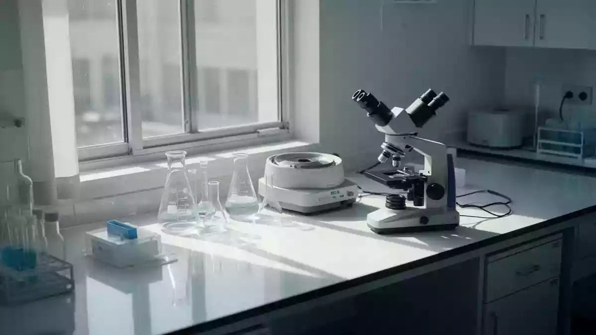 Ein minimalistisches, helles medizinisches Forschungslabor mit Laborgeräten auf einer sauberen Arbeitsfläche bei Tageslicht. Illustration mit AI erstellt.
