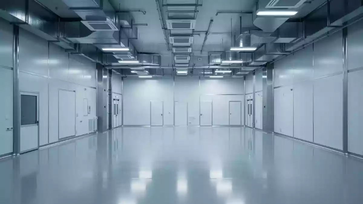 Ein steriler, leerer Reinraum mit glänzenden Böden und metallischen Deckenstrukturen in einer Industrieanlage. Illustration mit AI erstellt.