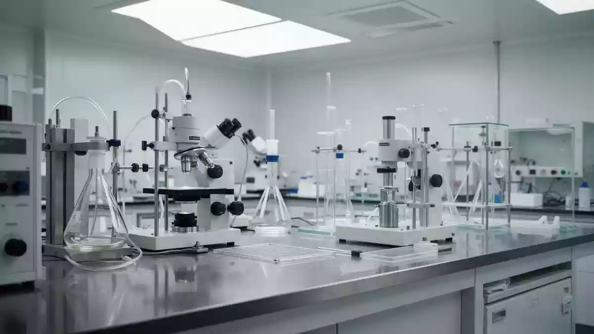 Ein steriler, minimalistischer Laborraum mit wissenschaftlichen Instrumenten zur Untersuchung von Muskelgewebe. Illustration mit AI erstellt.