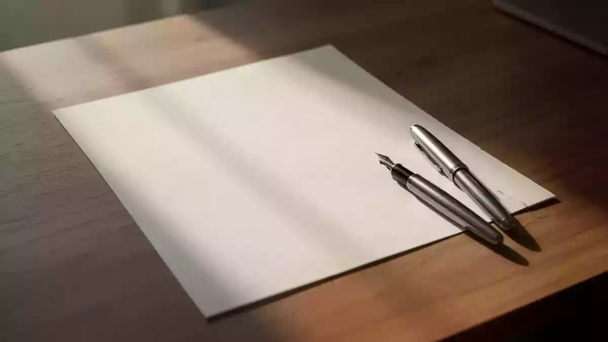 Ein leeres Blatt Papier und ein Füllfederhalter auf einem Holztisch in weichem Tageslicht, das Ruhe und Klarheit vermittelt. Illustration mit AI erstellt.