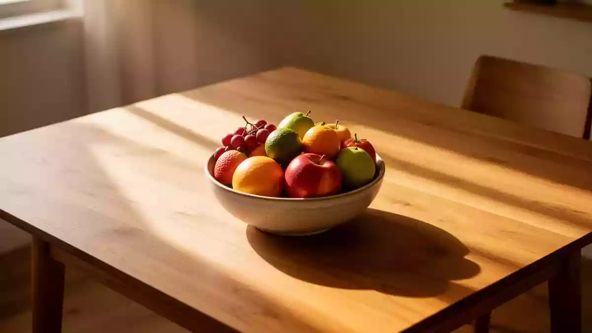 Ein minimalistischer Holztisch mit einer Schale frischem Obst in warmem Sonnenlicht, der eine ruhige und positive Stimmung vermittelt. Illustration mit AI erstellt.