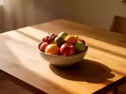 Ein minimalistischer Holztisch mit einer Schale frischem Obst in warmem Sonnenlicht, der eine ruhige und positive Stimmung vermittelt. - Foto: über boerse-global.de