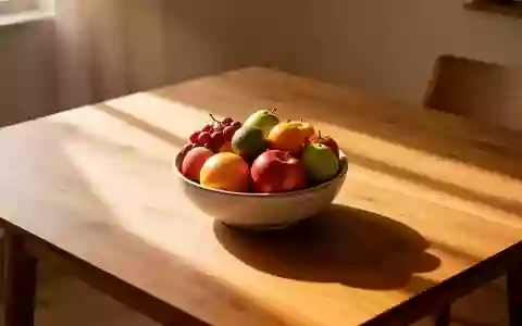 Ein minimalistischer Holztisch mit einer Schale frischem Obst in warmem Sonnenlicht, der eine ruhige und positive Stimmung vermittelt. - Foto: über boerse-global.de